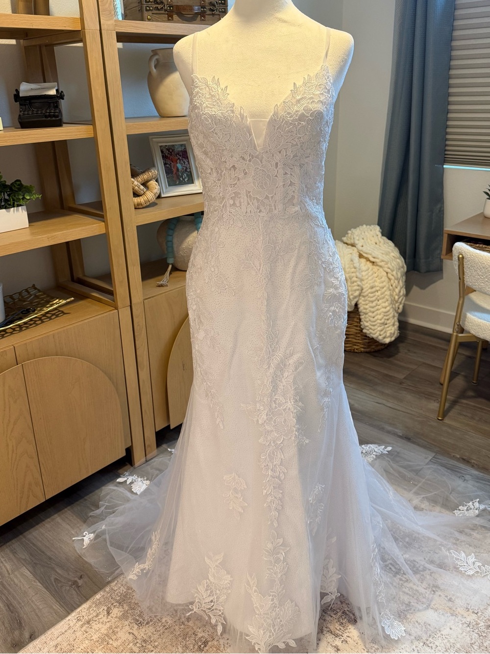 Lace Appliqué Spaghetti Strap Wedding Gown in Ivory